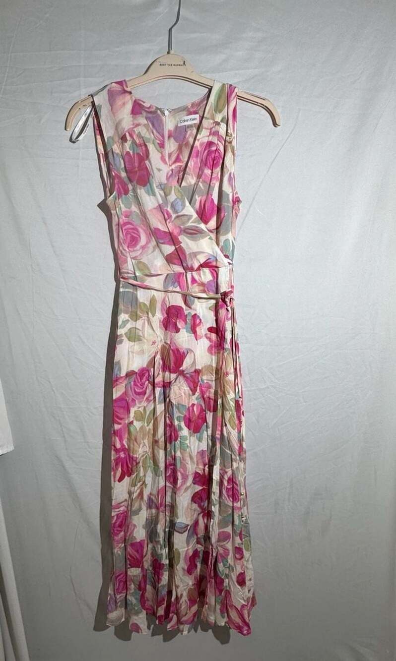Calvin Klein Floral Wrap Midi Dress Womens 6 Pink Green V Neck Belted Summer⁠